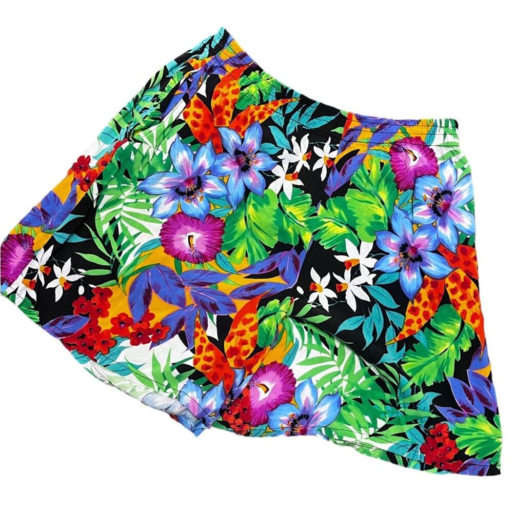 Vtg Bold Hawaiian Tropical Floral Printed Pull On Pocket Relaxed Fit Shorts